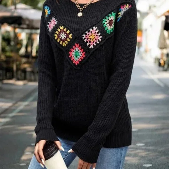 Crochet Floral Detailed round neckline black Ribbed Knit Sweater Top fall winte - Picture 6 of 6